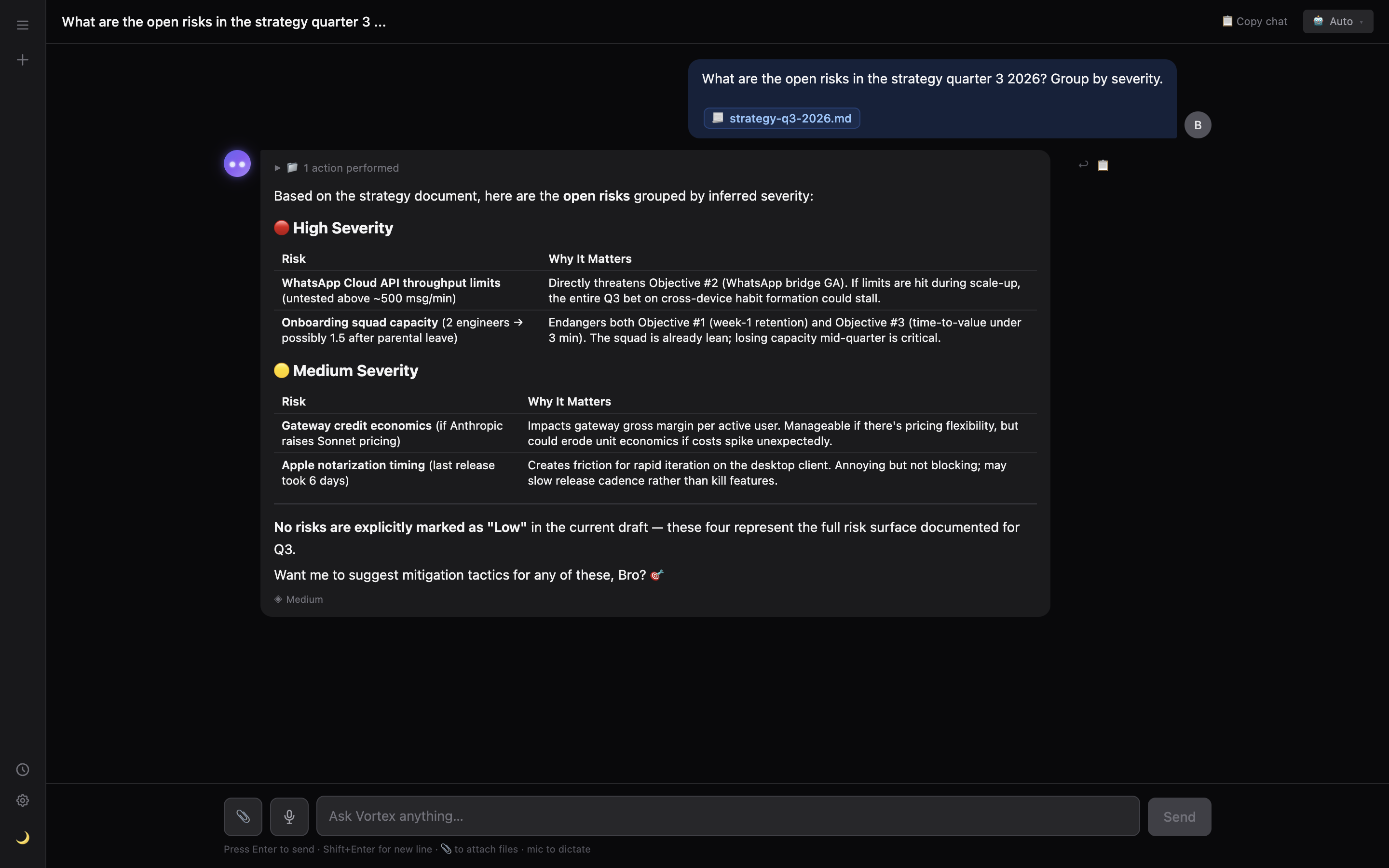 Vortex reading a local strategy document and grouping its open risks by severity