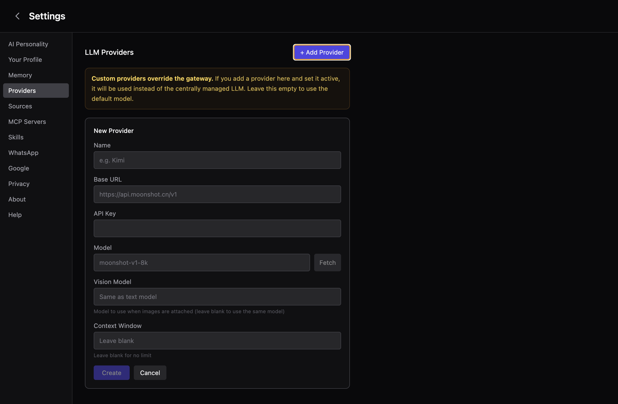 Configure any provider in Vortex — your own keys override the managed gateway